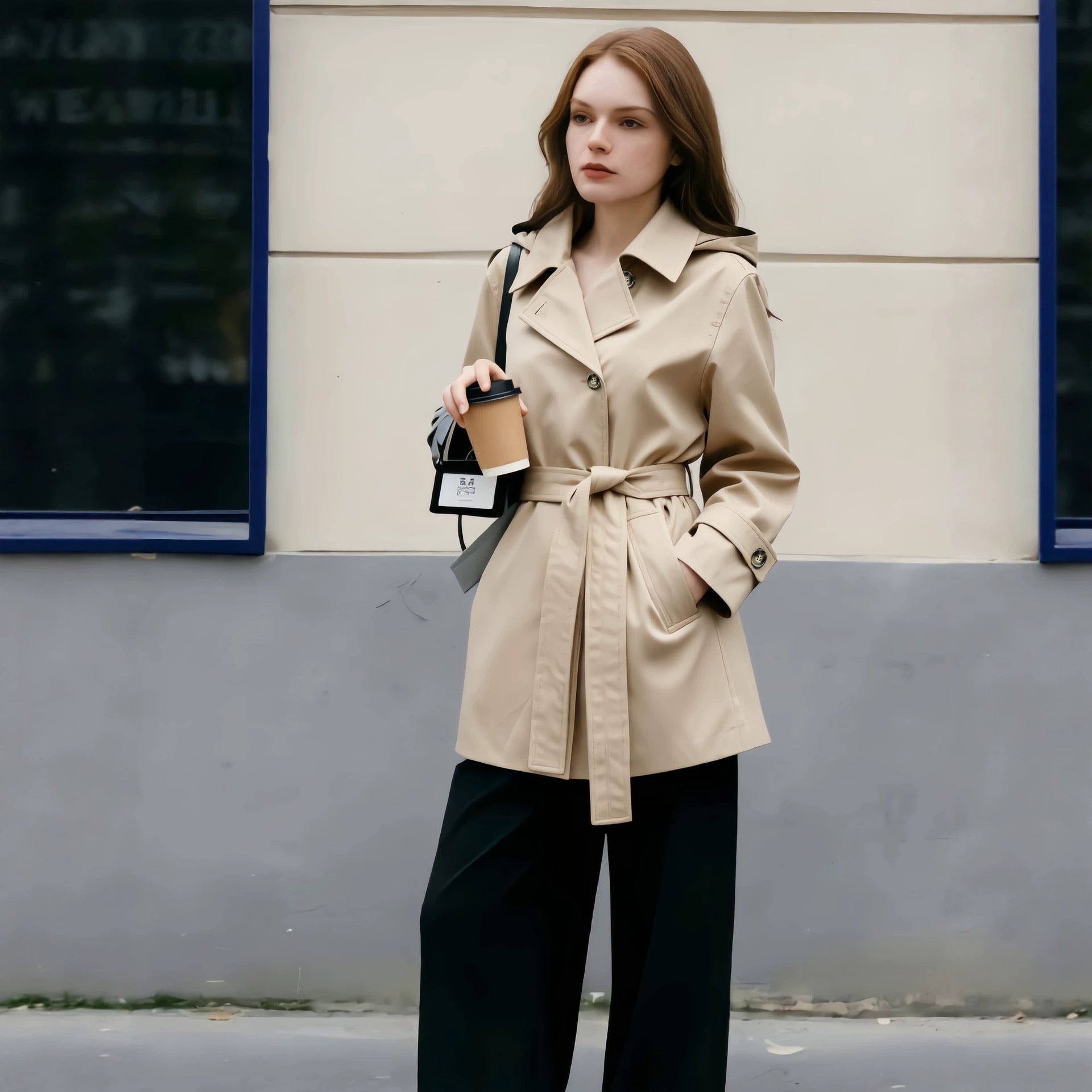 Ladies short trench coat with tailored tie belt and wide lapels Chichicherry