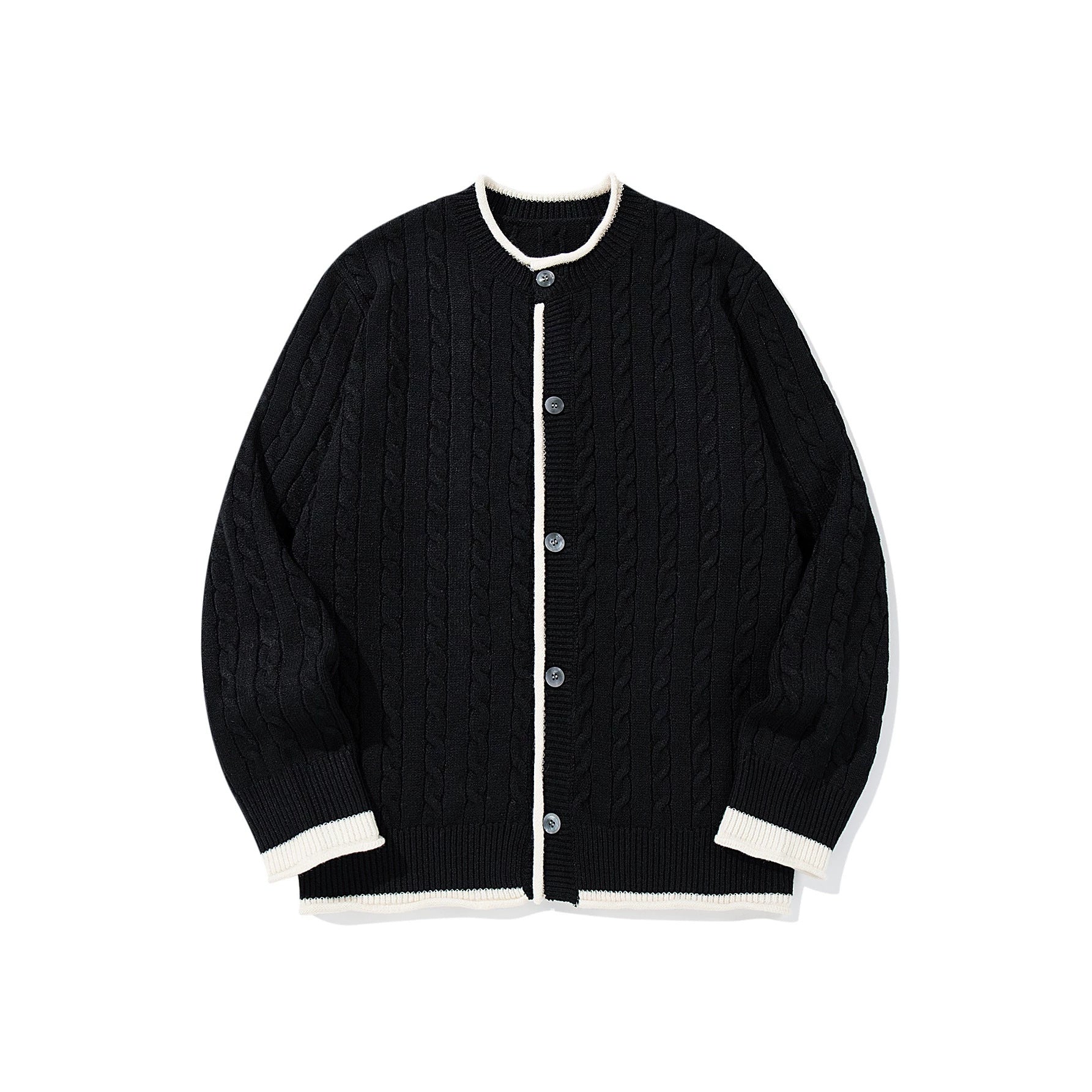 Unisex Cable Knit Cardigan with Round Neck, Contrasting Cuffs and Continuous Button Placket Chichicherry