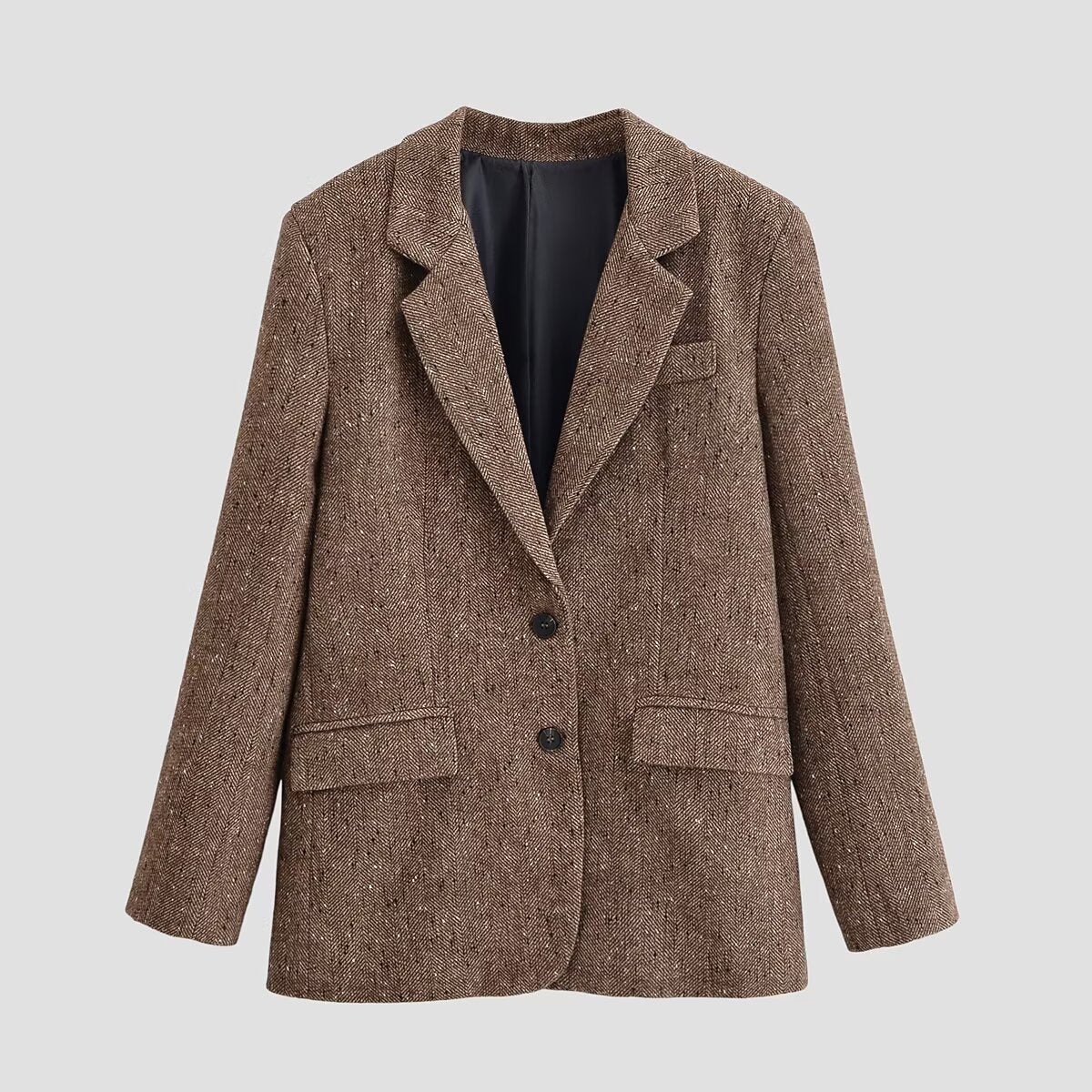 Women's Oversize Tweed Blazer with Houndstooth Pattern and Flap Pockets Chichicherry