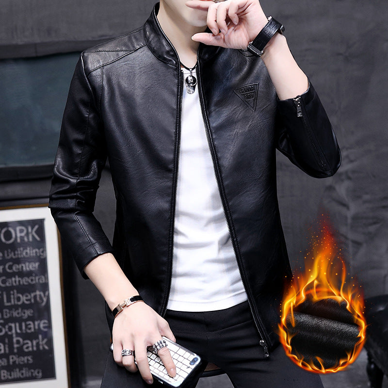 Men's Slim-Fit Faux Leather Moto Jacket with Stand Collar, Zipper Sleeves, and Minimalist Logo Application Chichicherry
