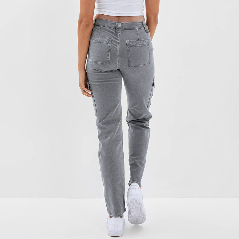 Women's High-Waisted Denim Cargo Pants with Straight Leg and Multiple Pockets Chichicherry