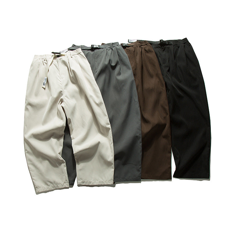 Men's Wide Cut Relaxed Pants with Elastic Waistband, Pleats and Integrated Woven Belt Chichicherry