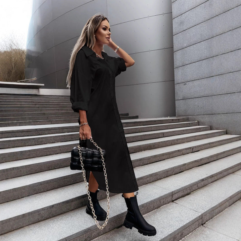Women's Long Oversized Shirt Dress with Continuous Button Placket, Cuffed Sleeves and Deep Side Slit Chichicherry