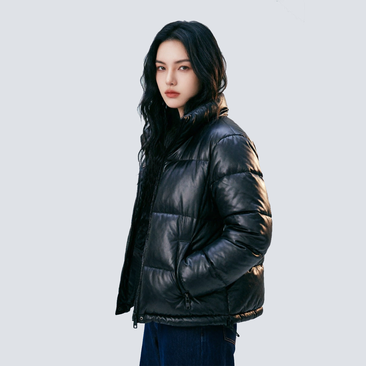 Women Short Cut Quilted Faux Leather Padded Jacket with High Standing Collar Chichicherry