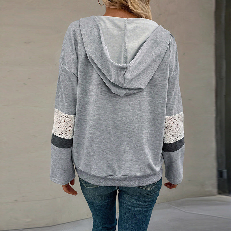 Women's V-neck hoodie sweatshirt with lace trim on the sleeves and kangaroo pocket Chichicherry