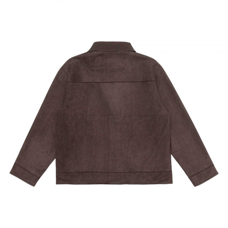 Unisex Boxy Transitional Jacket with Velvet Texture, Shirt Collar and Diagonal Insert Pockets Chichicherry