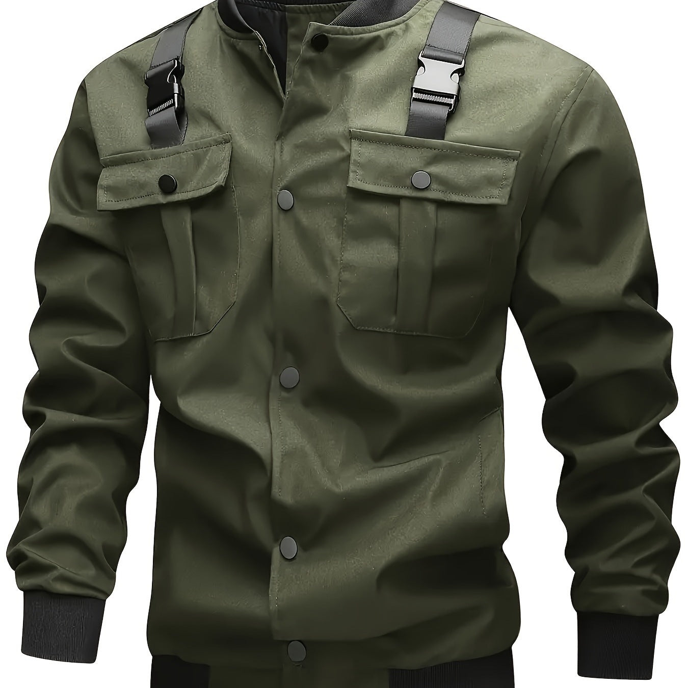Men's Camouflage Utility-Style Bomber Jacket with Chest Pockets, Shoulder Straps, and Ribbed Cuffs Chichicherry