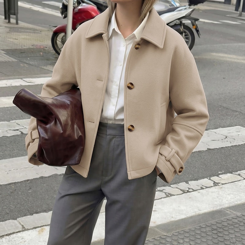 Women Short Cut Wool Blend Boxy Coat with Shirt Collar and Adjustable Cuffs Chichicherry