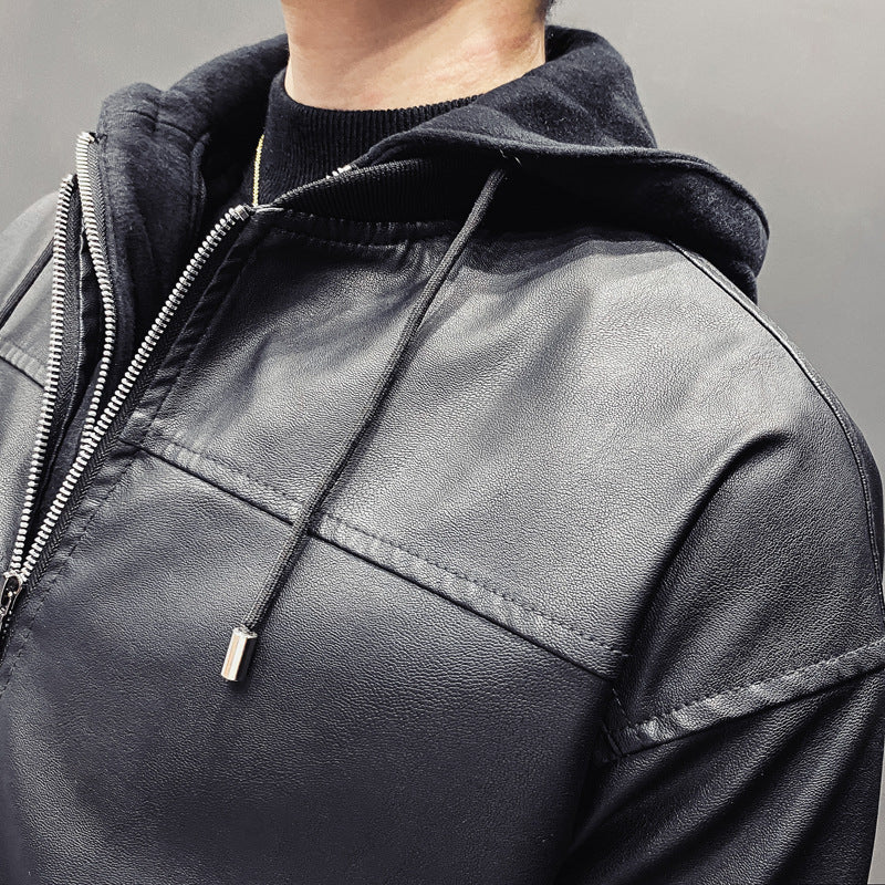 Men's Faux Leather Bomber Jacket with Hood Liner and Ribbed Cuffs Chichicherry