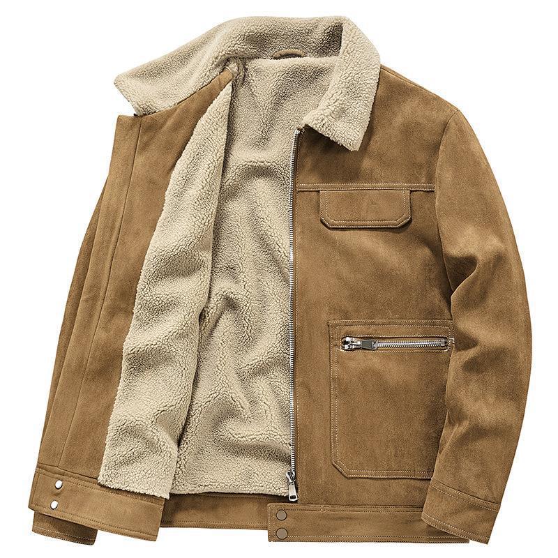 Men's suede look jacket with teddy lining, contrast stitching, and multiple pockets Chichicherry
