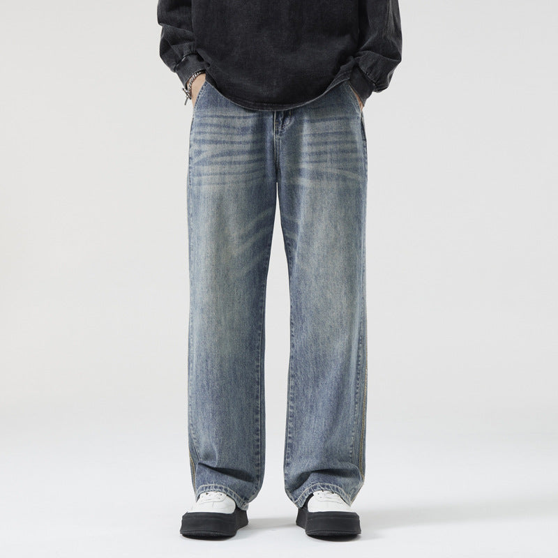 Men's Loose Vintage Denim Jeans with Wash and Straight Leg Chichicherry