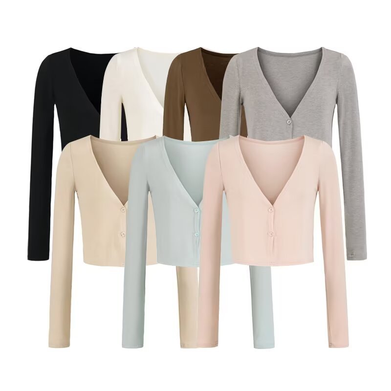 Women's Short Fine Knit Cardigan with Deep V-Neck and Button Front Chichicherry
