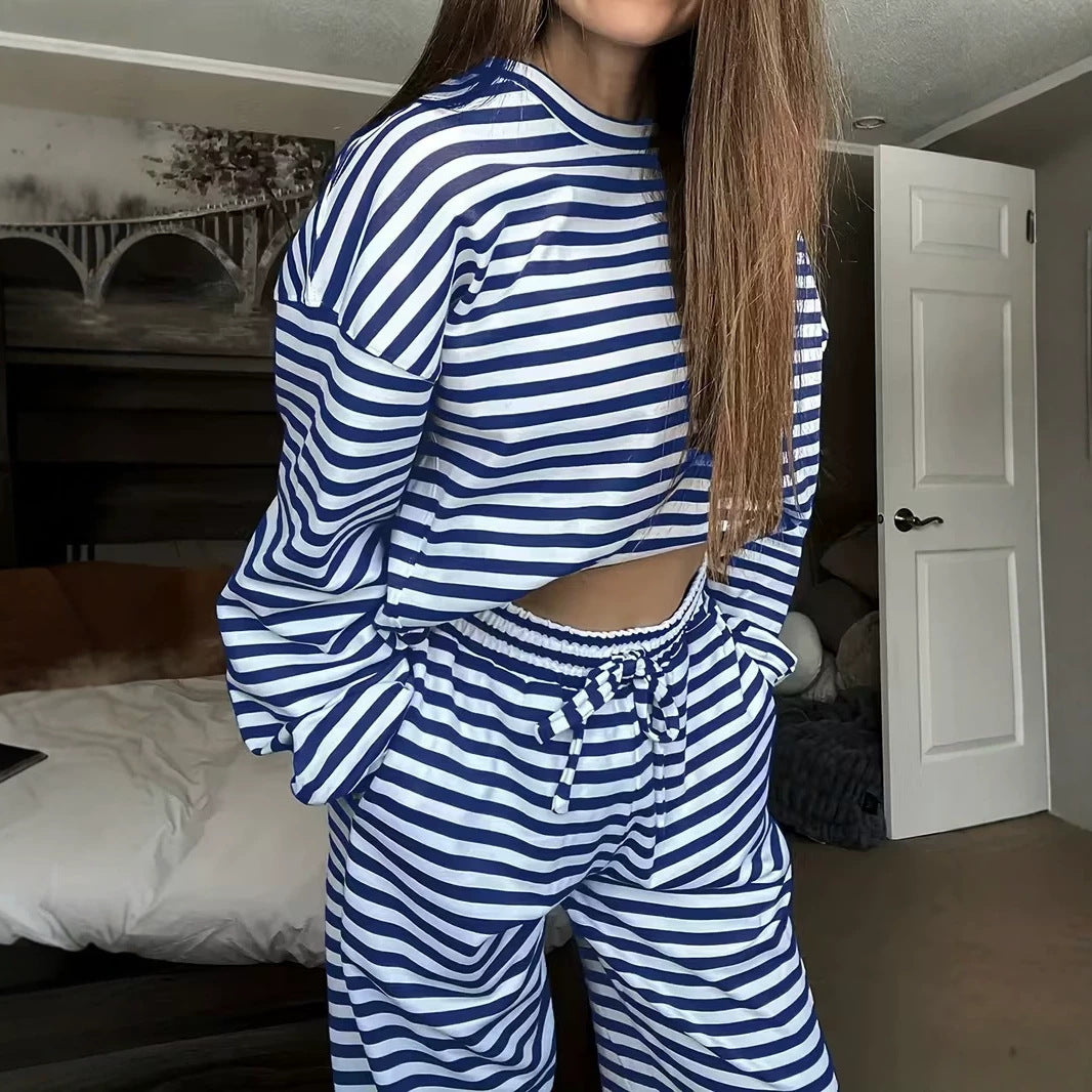 Women's Striped Loungewear Set with Oversized Sweatshirt and Elasticated Drawstring Pants Chichicherry