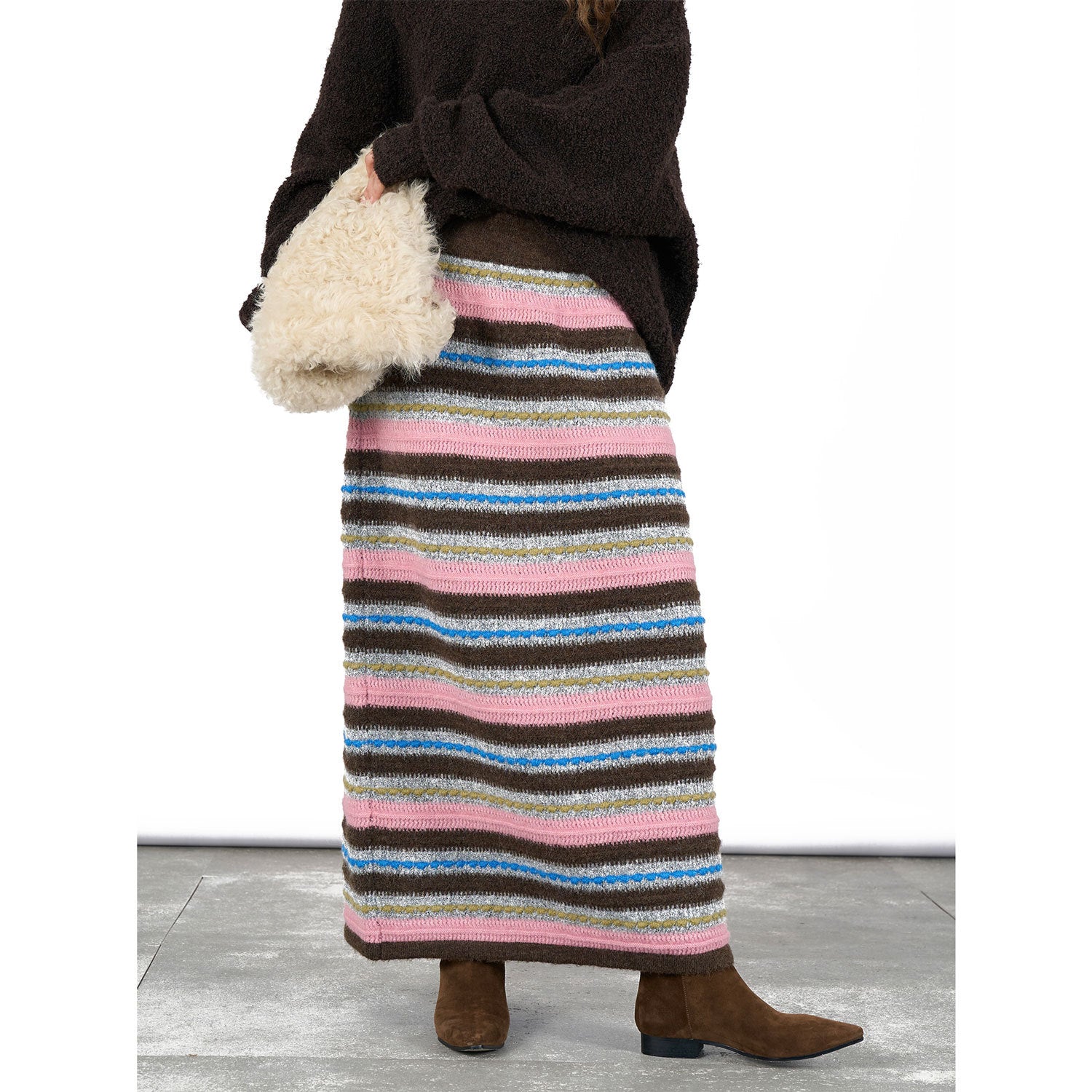 Women Striped Maxi Knit Skirt with High Waist and Fine Rib Structure Chichicherry