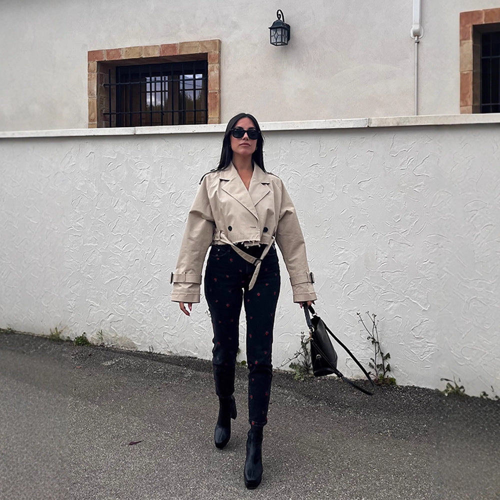 Women Short-Cut Trench-Cropped Coat with Waistbelt, Oversized Sleeves and Frayed Hem Chichicherry
