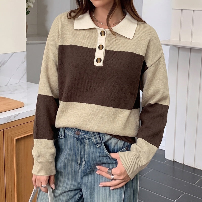Women Striped Oversized Polo Knit Sweater with Button Placket and Ribbed Hem Chichicherry