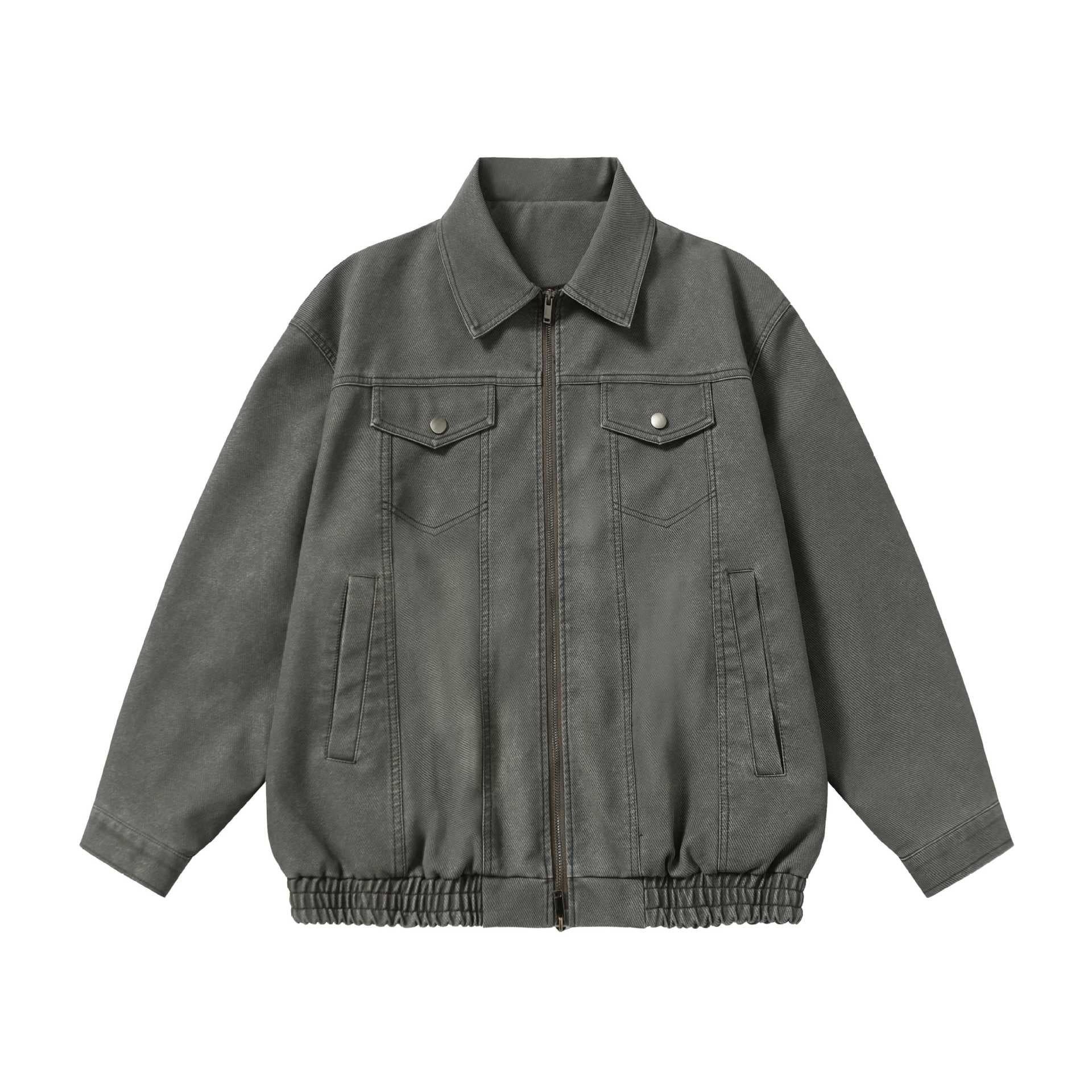 Unisex Boxy-Canvas-Zip Blouson with Shirt Collar and Elastic Hem Chichicherry