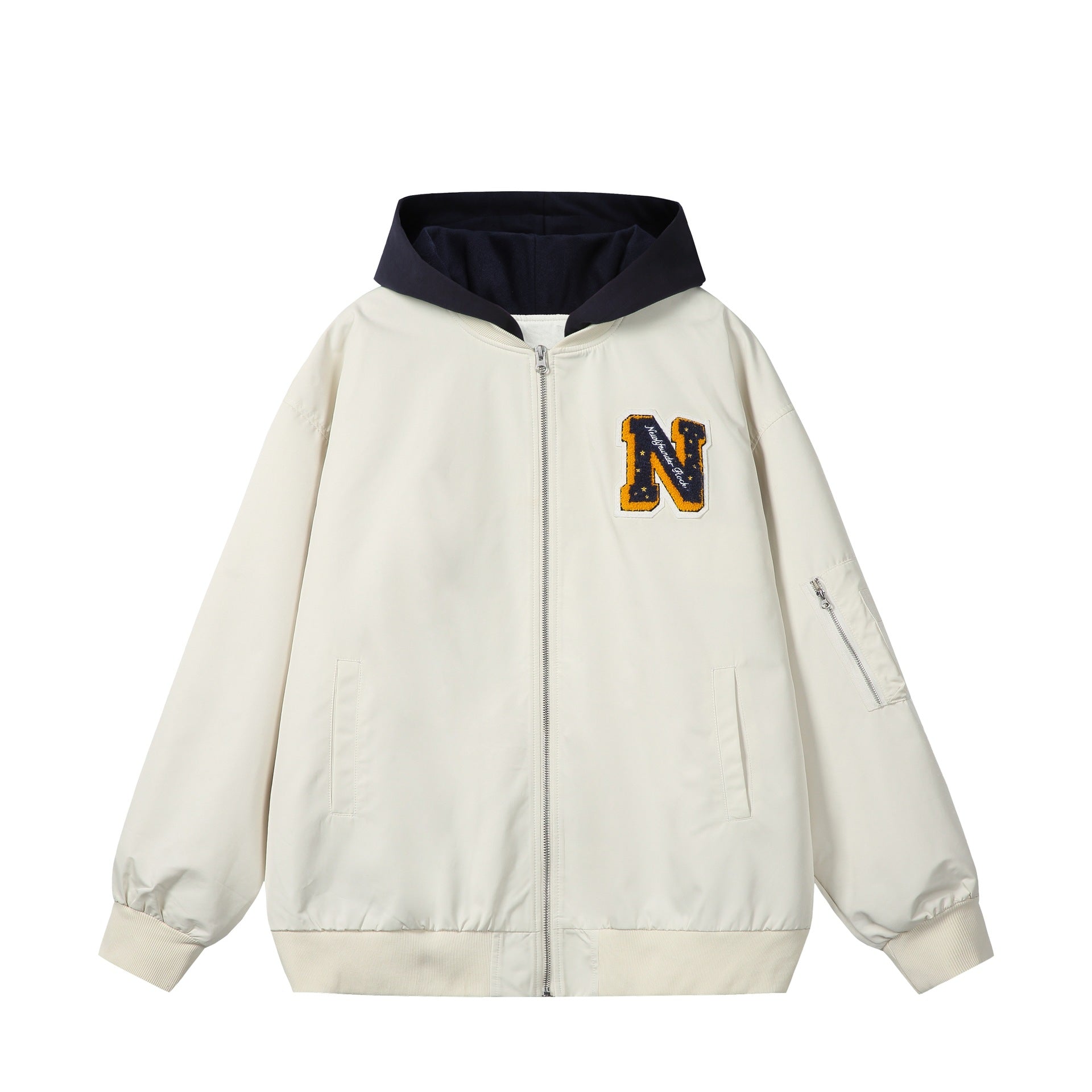 Unisex Boxy-Multi-layer Bomber Jacket with Integrated Hood and Collegiate Patch Chichicherry