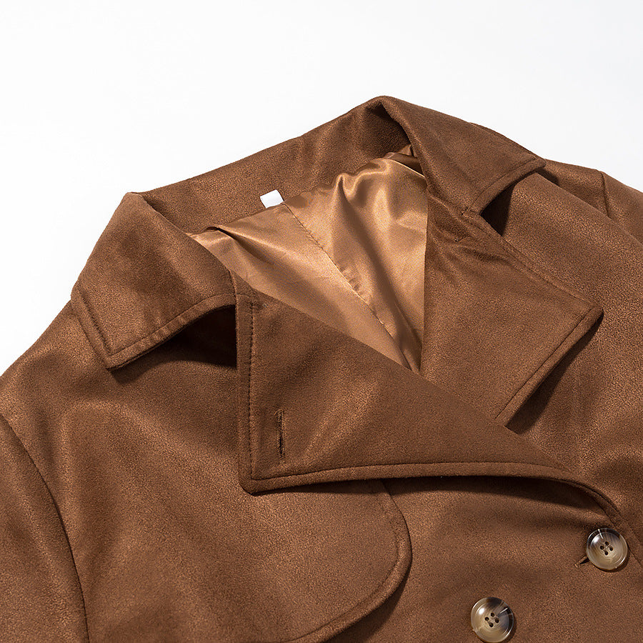 Women Long Double-breasted Coat in Trench Coat Style with Waist Belt and Sleeve Tabs Chichicherry