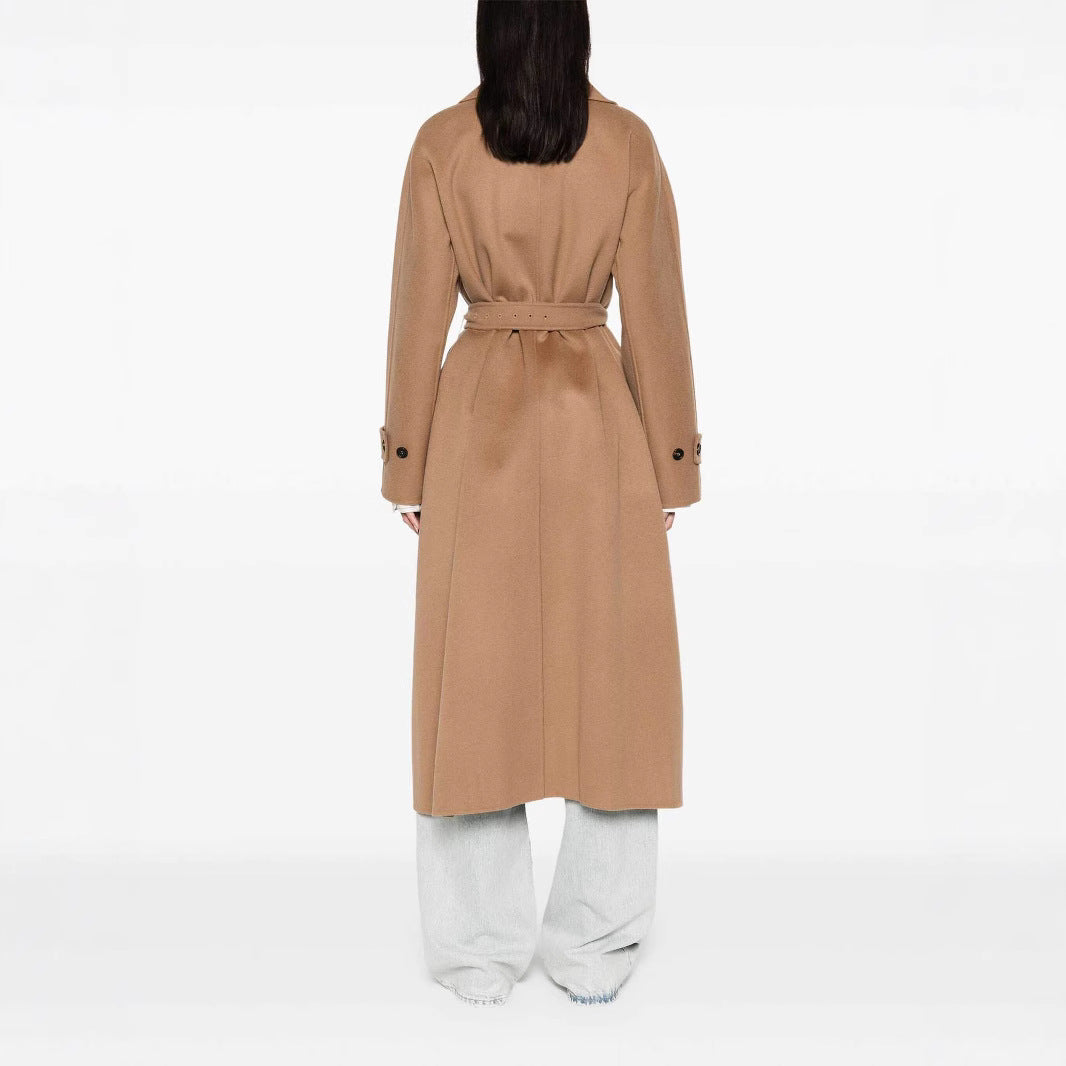 Women’s wrap coat made of wool blend with waist belt and oversized shoulder Chichicherry