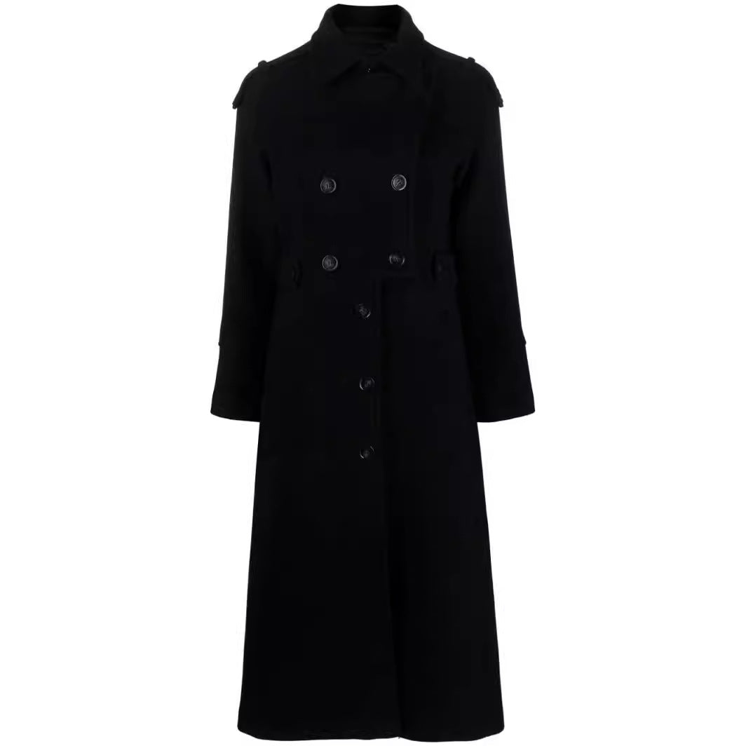 Women Floor-Length Double-Breasted Trench Coat made of Wool Blend with Shoulder Patches and Concealed Waist Belt Chichicherry