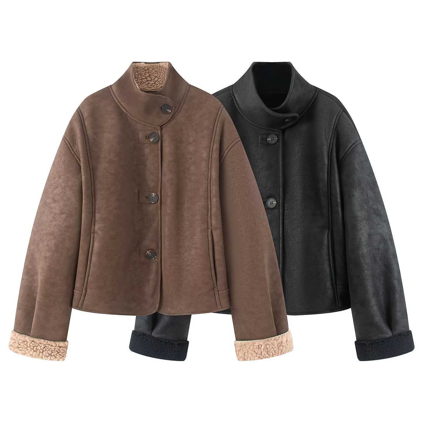 Women's Short Lambskin-Look Jacket with Stand-up Collar and Button Placket Chichicherry