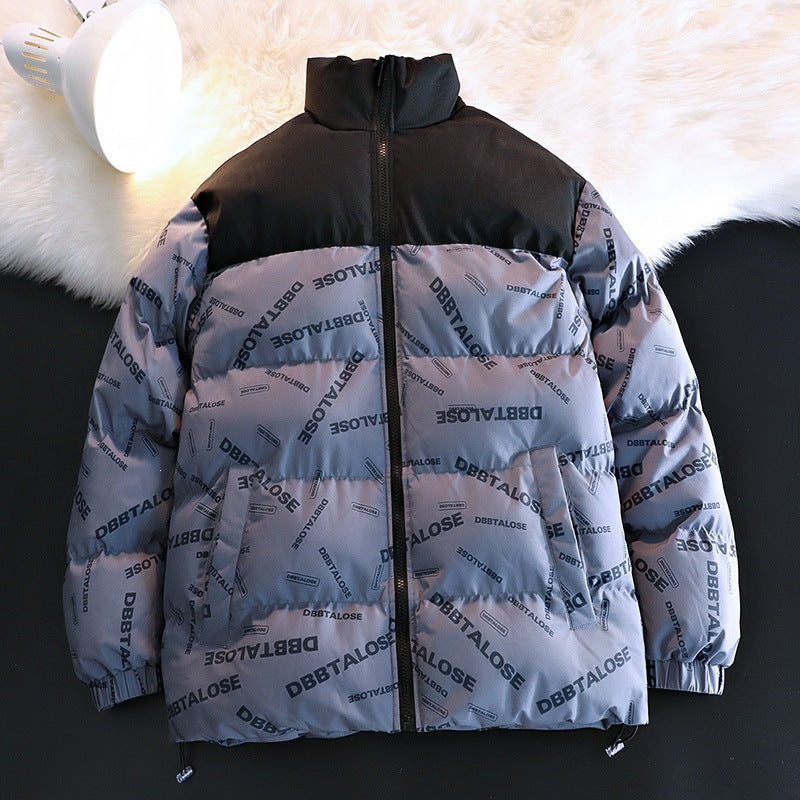 Unisex Padded Quilted Jacket with Allover Logo Print, High Stand-Up Collar & Adjustable Hem Chichicherry