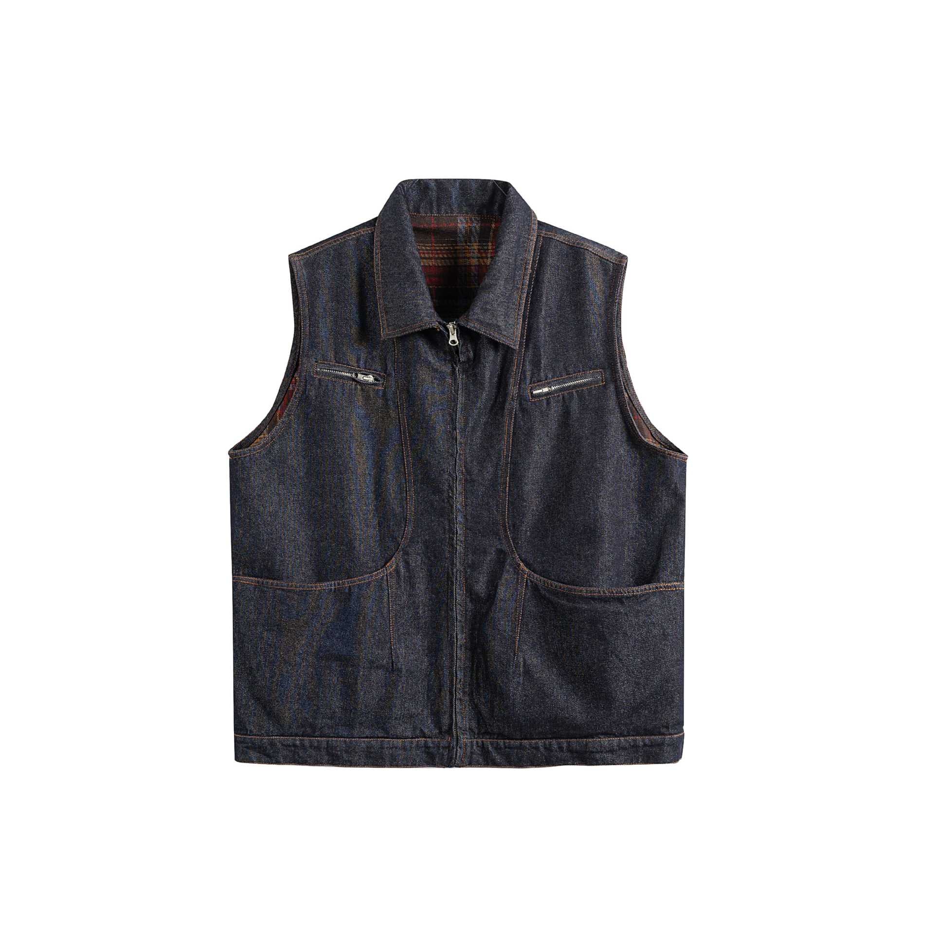 Men's denim vest with zipper, large flap pockets and check lining Chichicherry