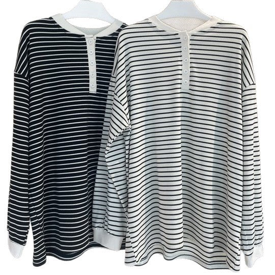 Women's Casual Breton Shirt in Oversized Cut with Henley Placket Chichicherry