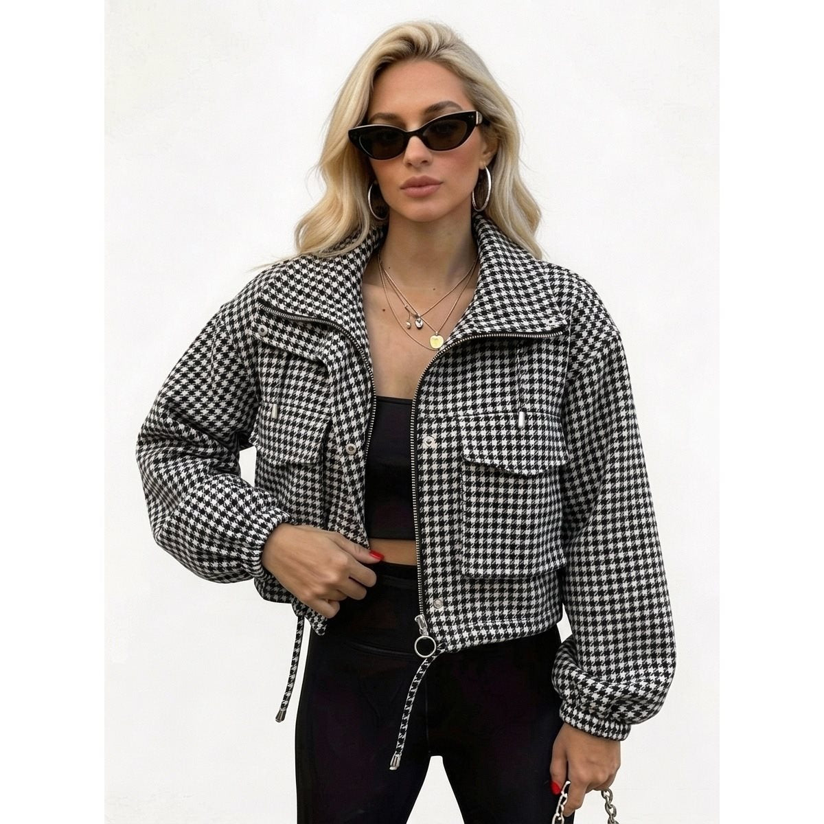 Women's Checkered Cropped Jacket with Stand Collar, Drawstring and Elastic Cuffs Chichicherry