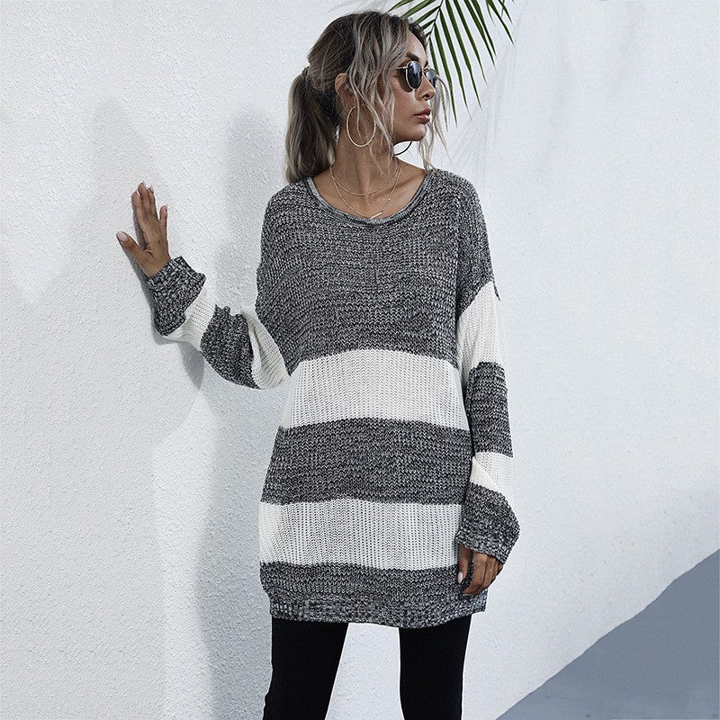 Ladies Oversize Long Sweater with Block Stripes and Round Neckline Chichicherry