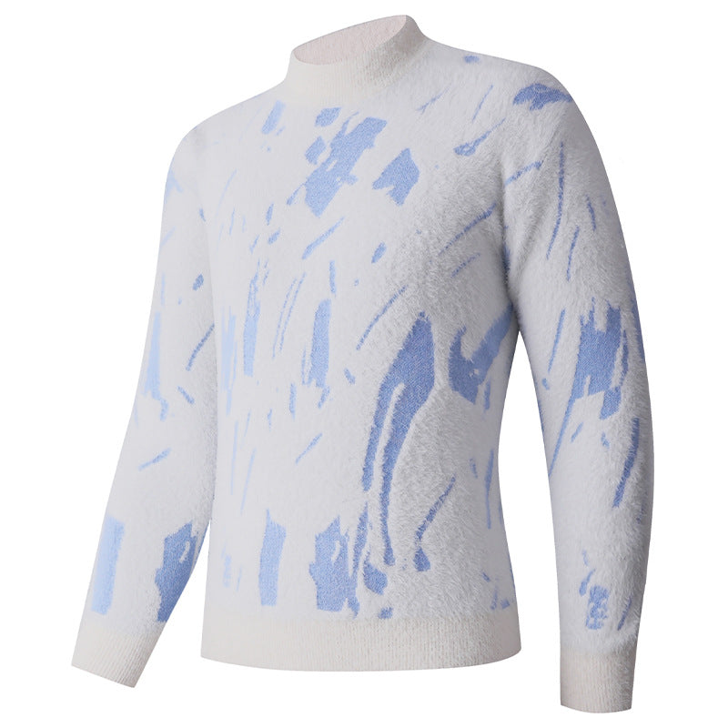 Men's Structured Mock Neck Sweater with Abstract Brush Pattern Chichicherry