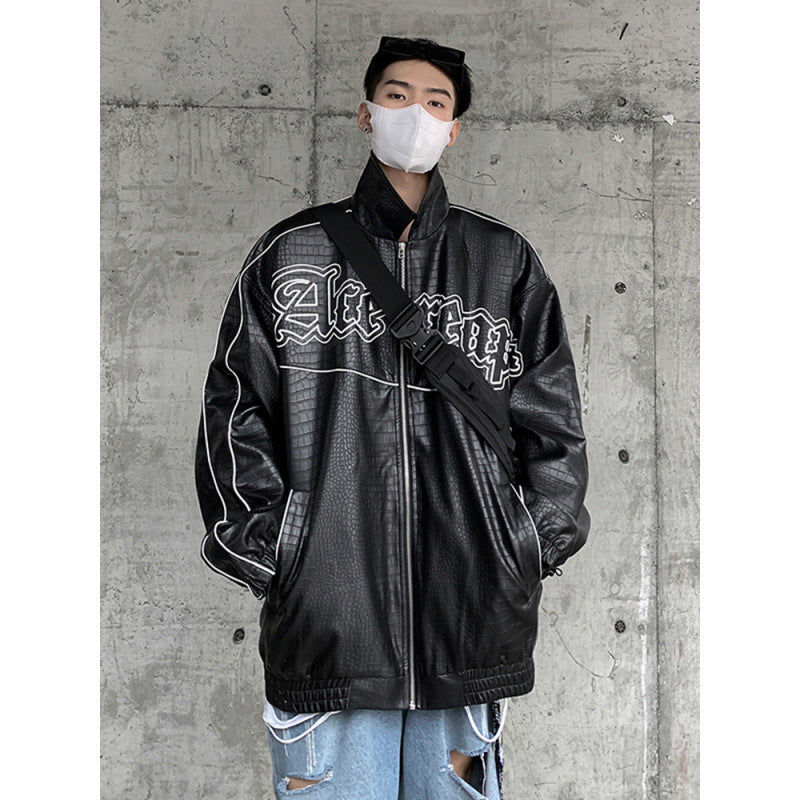 Herren Oversized Kunstlederjacke mit Krokodilprägung und Kontrastpaspel Chichicherry