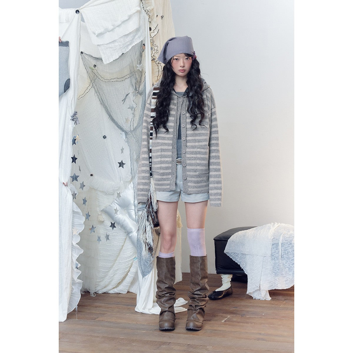 Women's Striped Cardigan with Hood, Full Button Placket and Patch Pockets Chichicherry