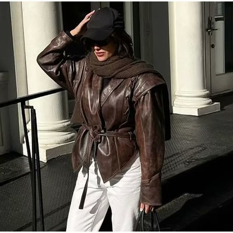 Women Tailored Wrap Leather Blazer with Emphasized Shoulder Puffers and Ties Belt Chichicherry
