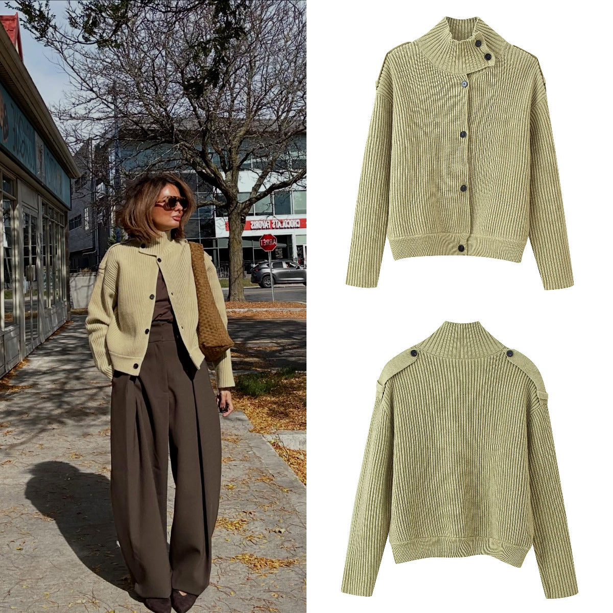 Women Ribbed Knit Cardigan with High Stand-up Collar and Button Placket Chichicherry