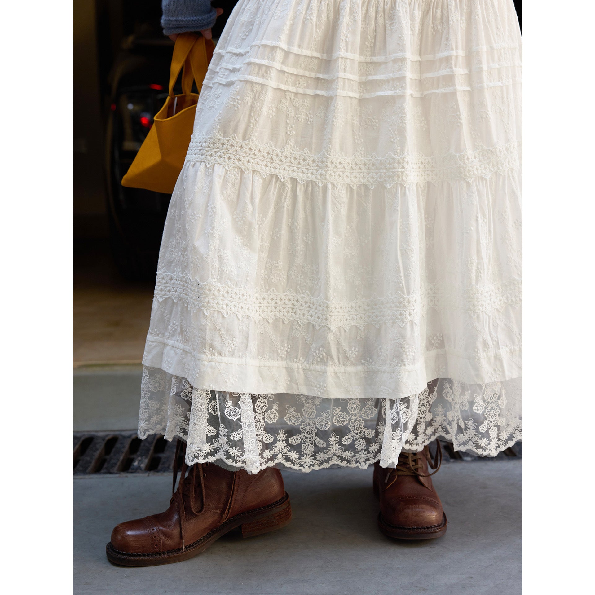 Women Long Tiered Skirt with Lace Layers and Elastic Waistband Chichicherry