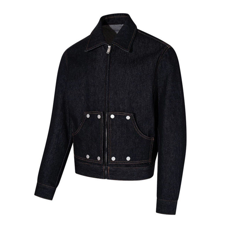 Women's Short Cut Denim Worker Jacket with Zip, Contrast Seams and Decorative Eyelets Chichicherry