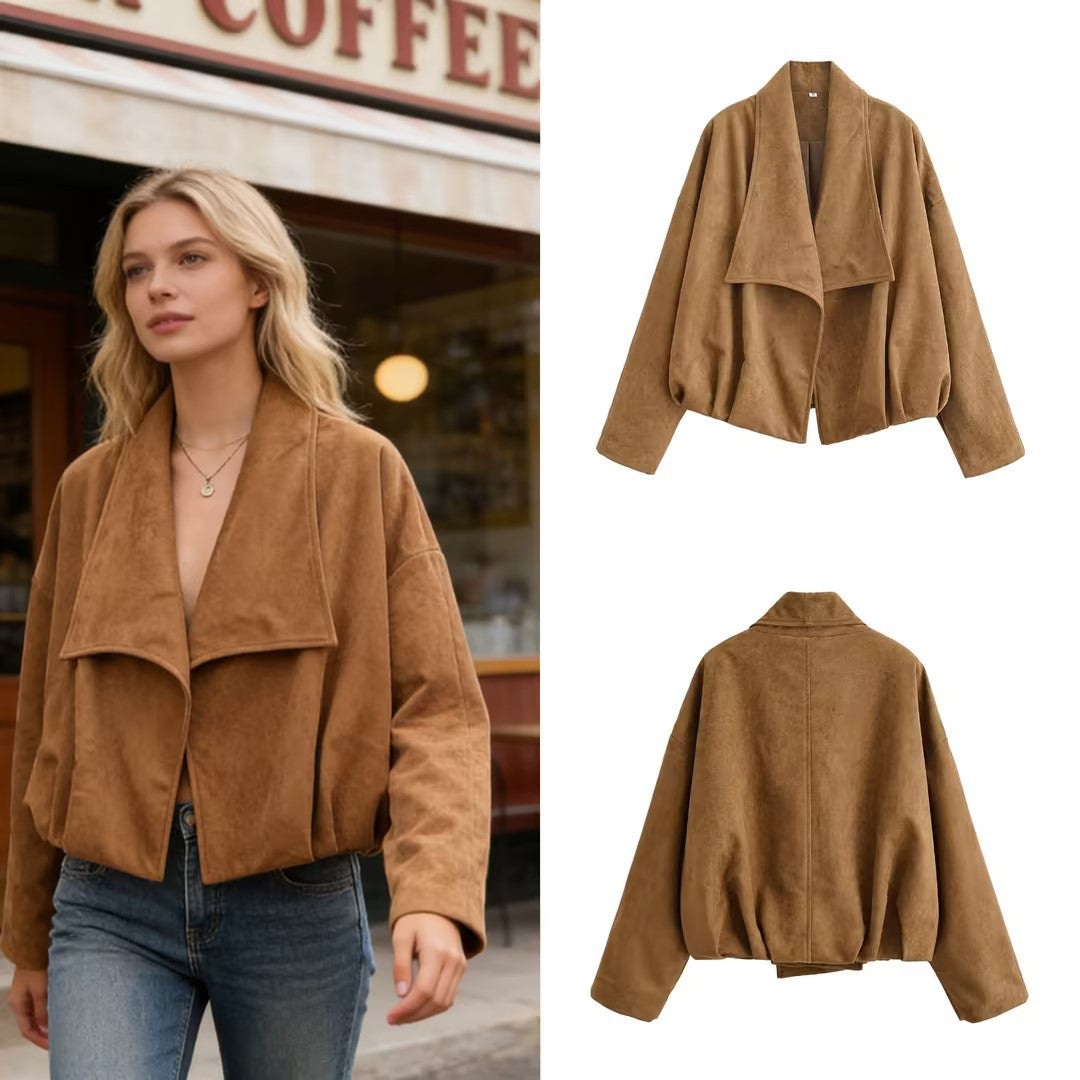Women’s short jacket in waterfall look with soft velour finish and wide shawl collar Chichicherry