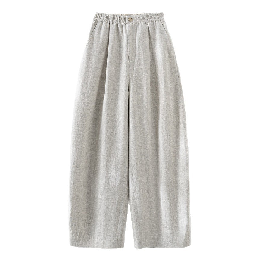 Women's Wide Linen Look Trousers with High Elastic Waistband, Pleats and Straight Leg Chichicherry