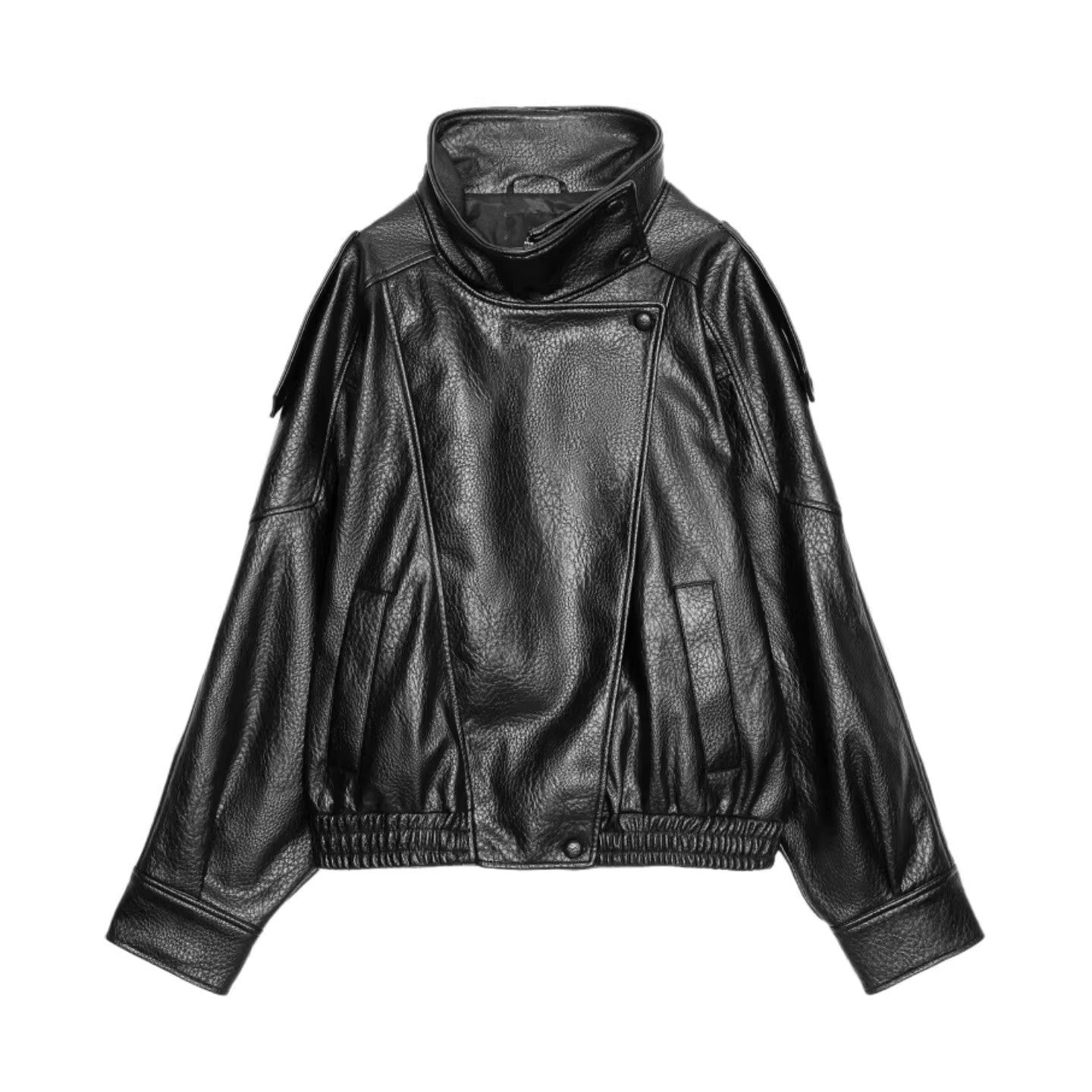 Ladies leather jacket with high stand-up collar and asymmetrical snap button placket Chichicherry