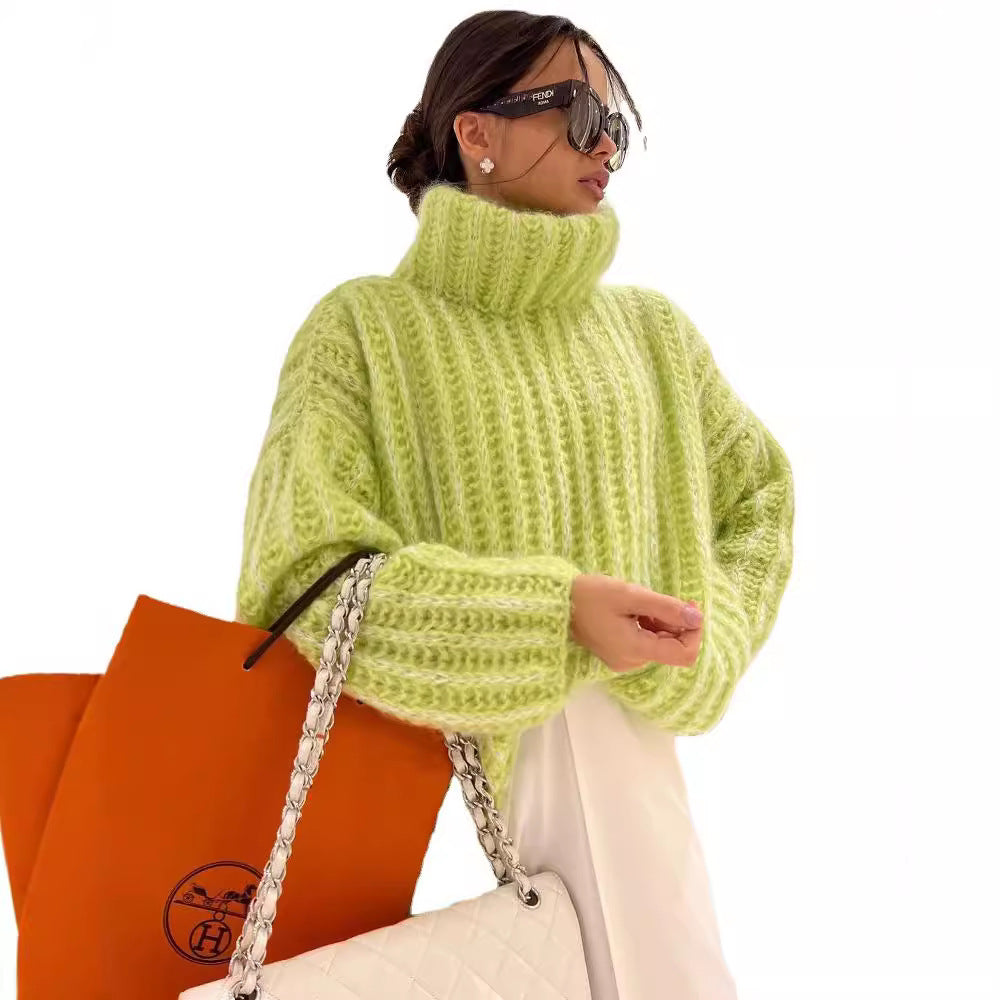 Damen Oversized Grobstrick-Rollkragenpullover mit voluminösen Ärmeln Chichicherry