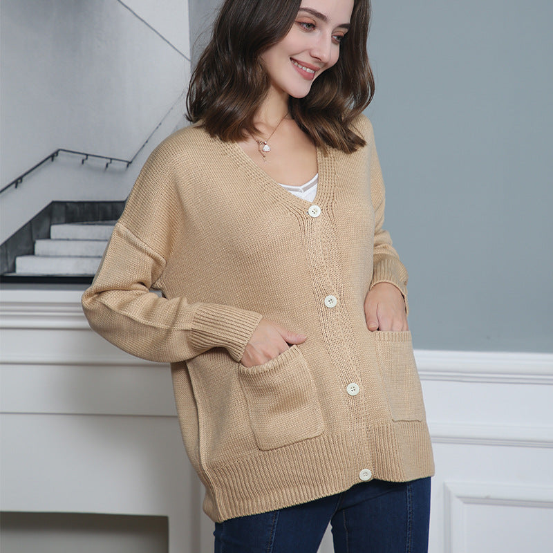 Women Fine Oversize Knit Cardigan with V-Neck, Button Placket and Patch Pockets Chichicherry