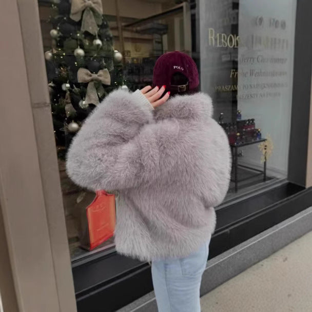 Women's Short-Cut Faux Fur Blouson with Voluminous Shawl Collar and Dense Pile Chichicherry