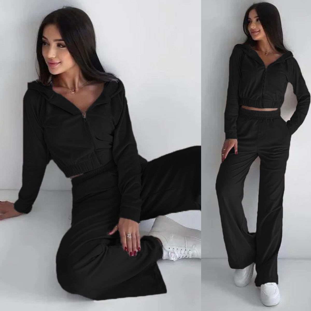 Damen Cropped Velours-Loungewear-Set mit Reißverschluss, Kapuze und High-Waist Jogpant Chichicherry