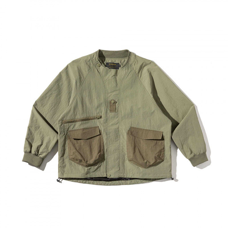 Unisex Short Cut Boxy Overlayer Jacket in Utility Style with Flap Pockets and Drawstring Chichicherry