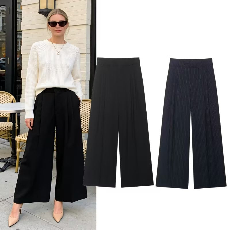 Women's high-waisted wide palazzo pants with pleats and elegant drape Chichicherry