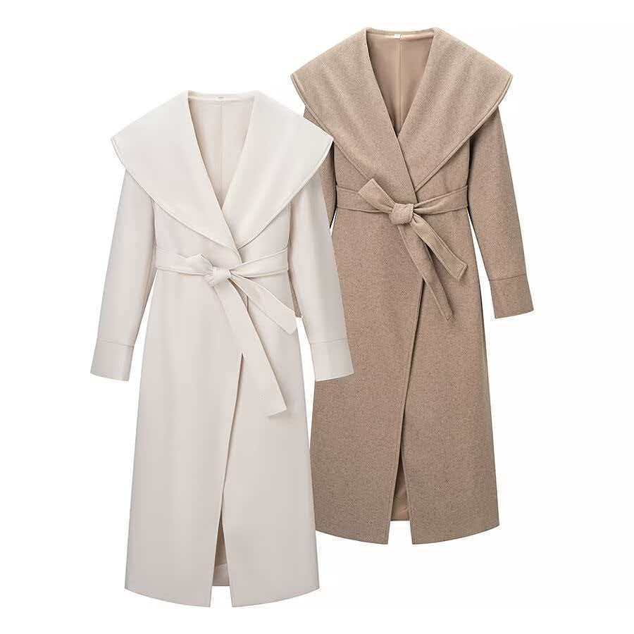 Women's Maxi Coat in Wrap Style with Wide Shawl Collar and Rolled-Up Sleeves Chichicherry