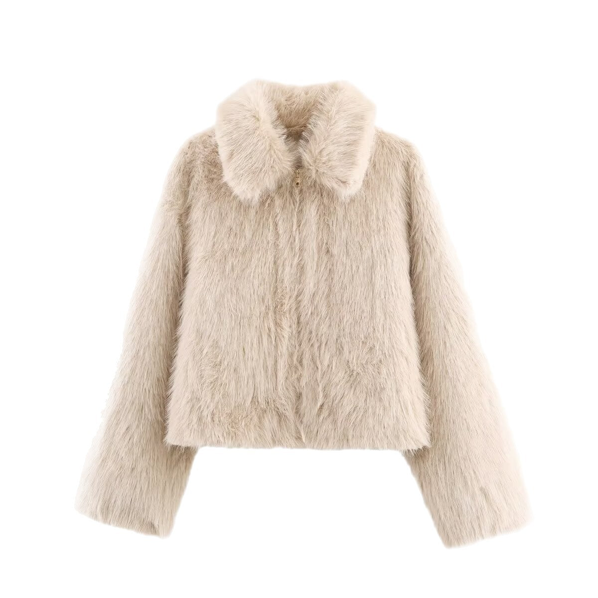 Ladies Short Fluffy Faux Fur Jacket with Lapel Collar and Straight Hem Chichicherry