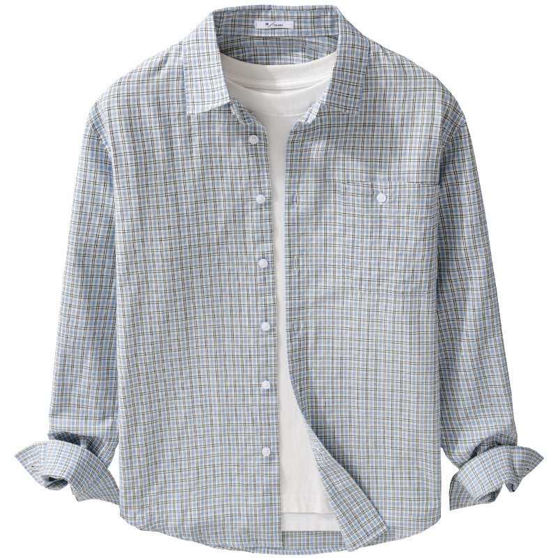 Men's Fine Checkered Pattern Layering Shirt made of Cotton Poplin with Chest Pocket and Relaxed Hem Chichicherry